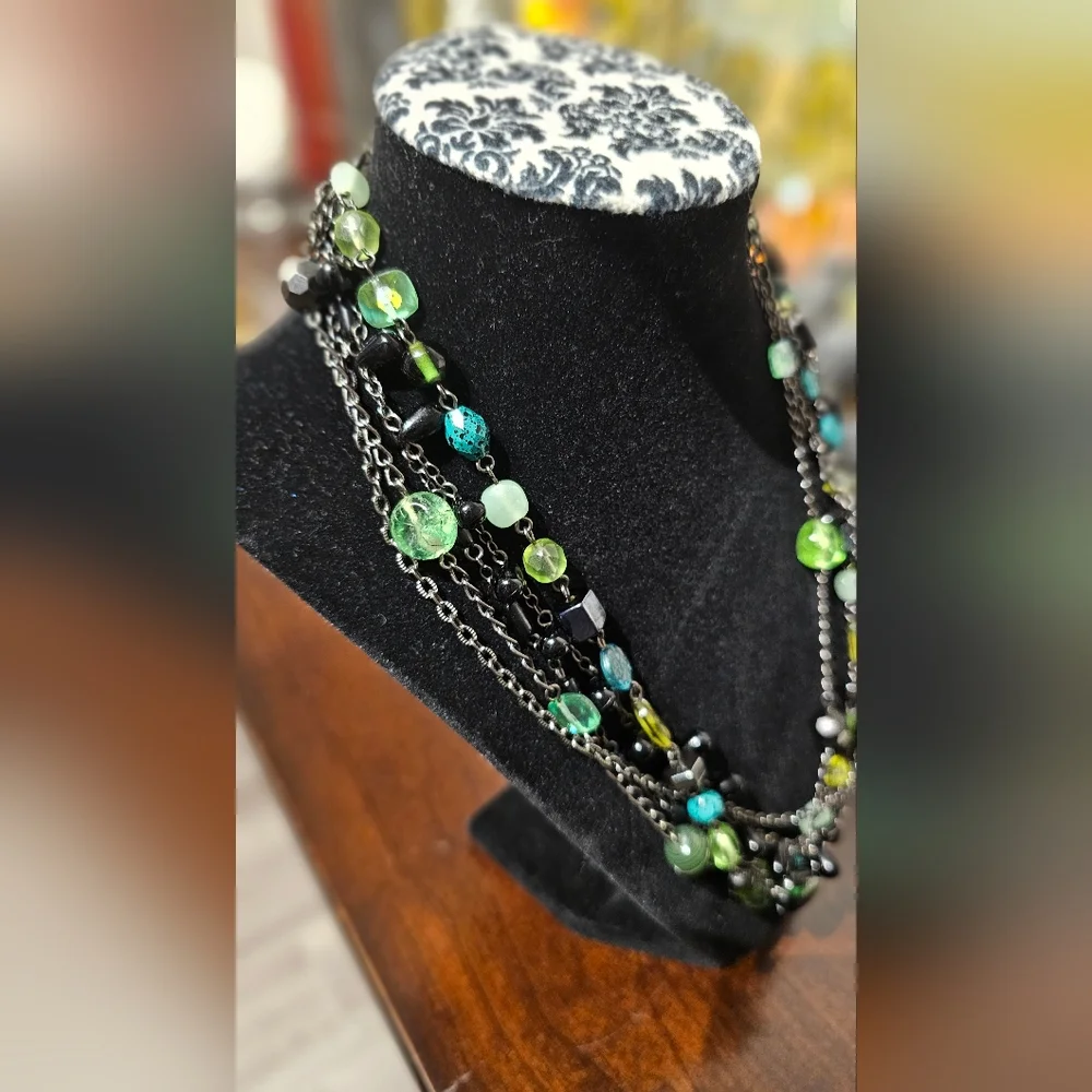 Lia Sophia Multi-Strand "Herb Garden" Green Glass Resin Beaded Necklace 17-20in - Picture 3 of 12